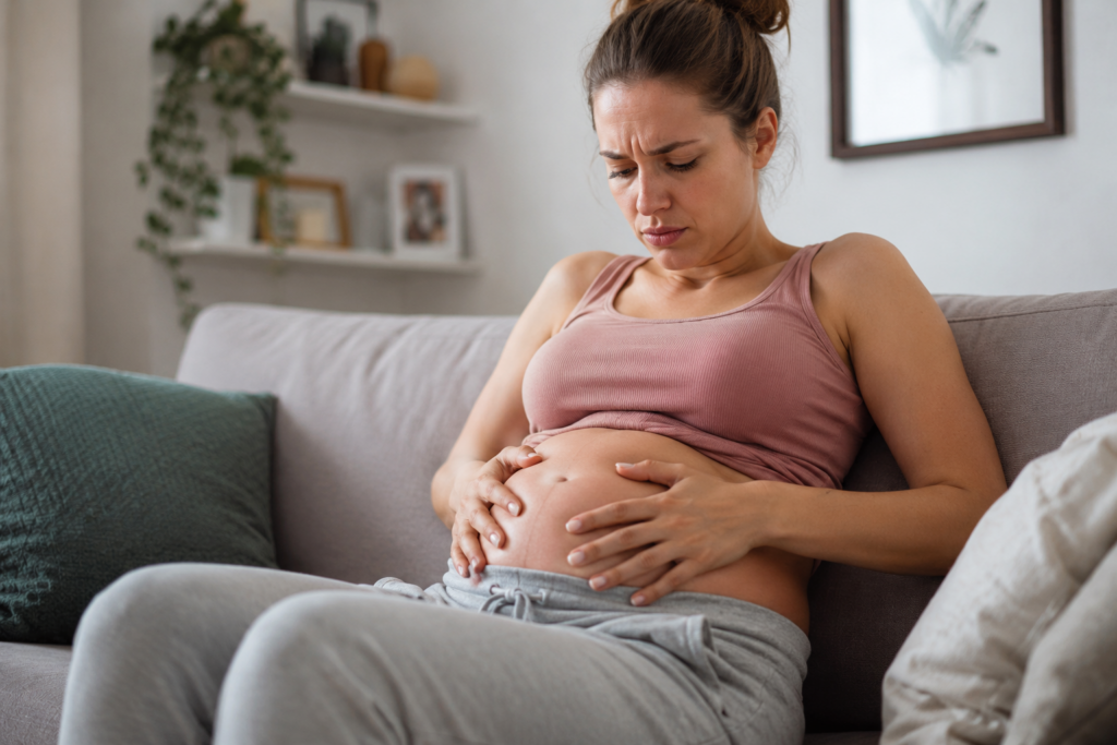 Frau sitzt mit schmerzverzerrtem Gesicht auf einem Sofa und hält ihren aufgeblähten Bauch aufgrund von Verdauungsbeschwerden und Blähungen.