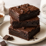 Zuckerfreie Brownies mit saftiger, schokoladiger Konsistenz auf einem Teller angerichtet