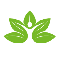 Grünes Logo mit stilisierten Blättern, die eine menschliche Figur in der Mitte formen. Das moderne Natur- und Gesundheitslogo symbolisiert Wachstum, Wohlbefinden, Nachhaltigkeit und ein bewusstes Leben.