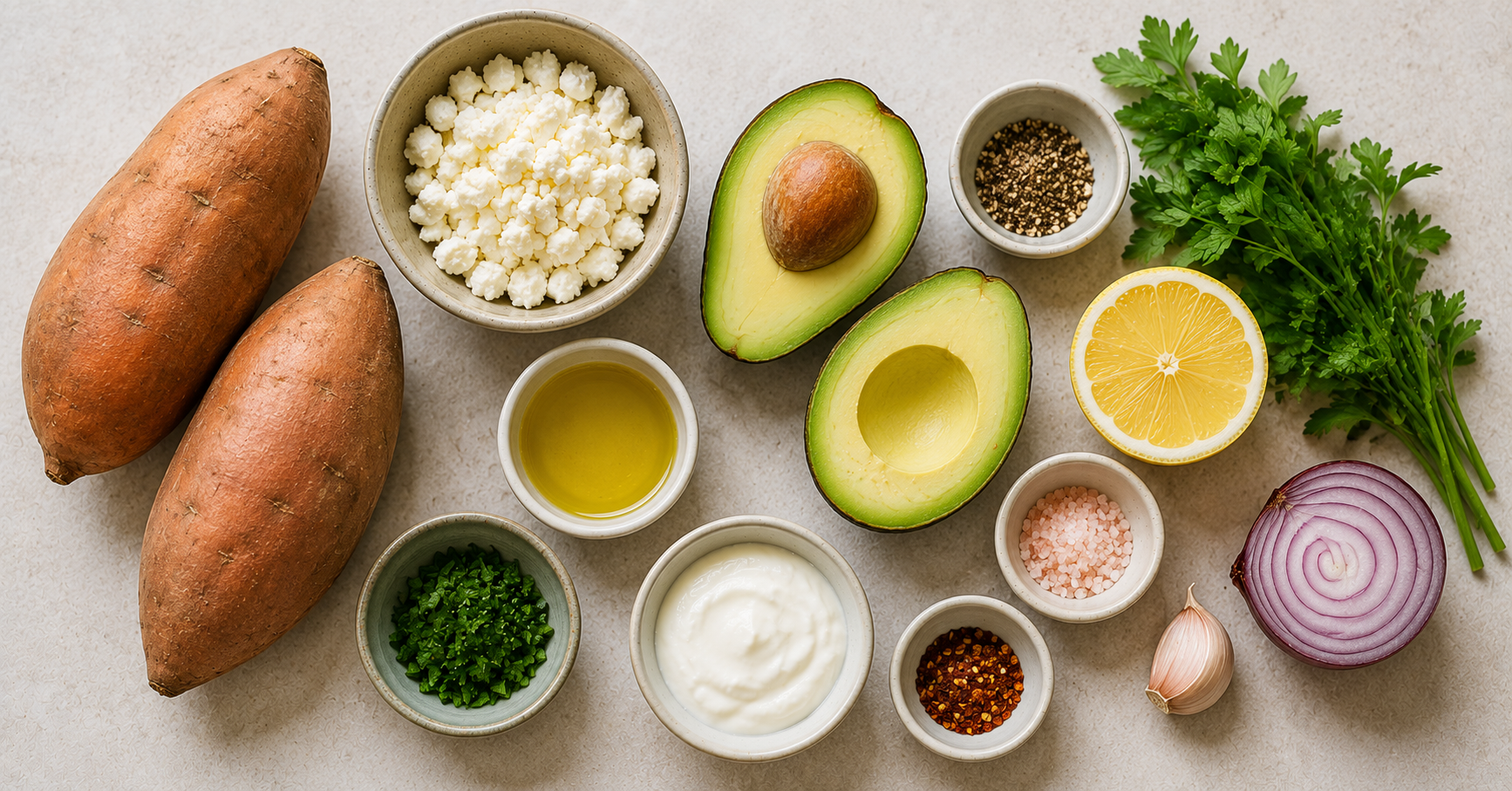 Zutaten für gefüllte Süßkartoffel mit Avocadocreme und Feta übersichtlich auf einem hellen Untergrund angerichtet