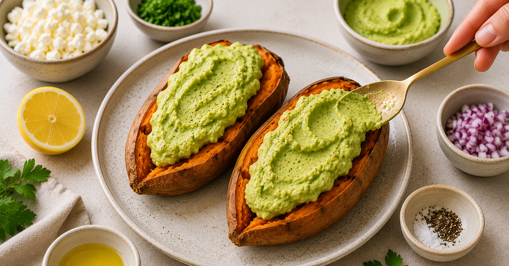 Gebackene Süßkartoffelhälften werden mit cremiger Avocadocreme bestrichen