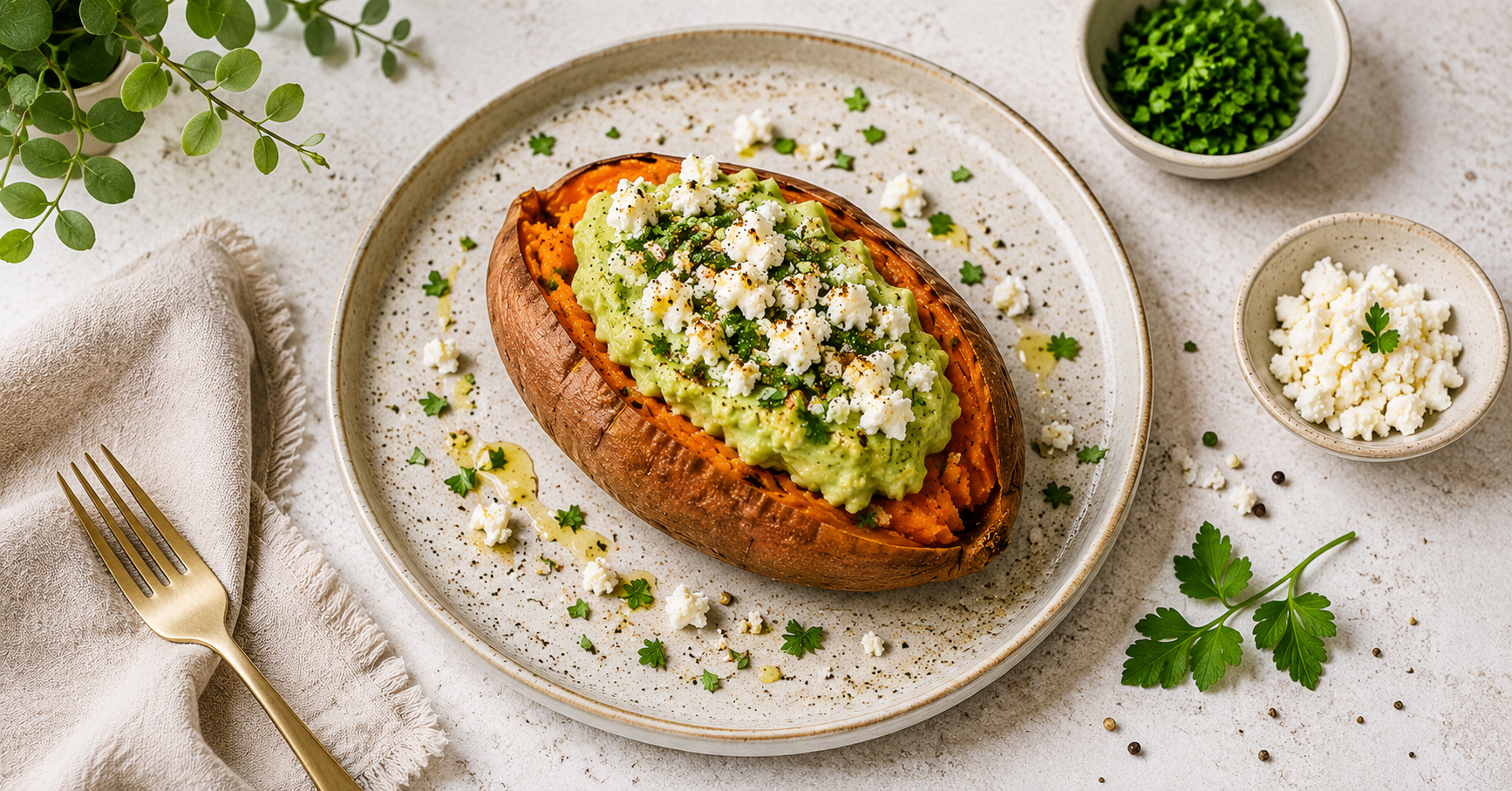 Gebackene Süßkartoffel mit Avocadocreme und Feta
