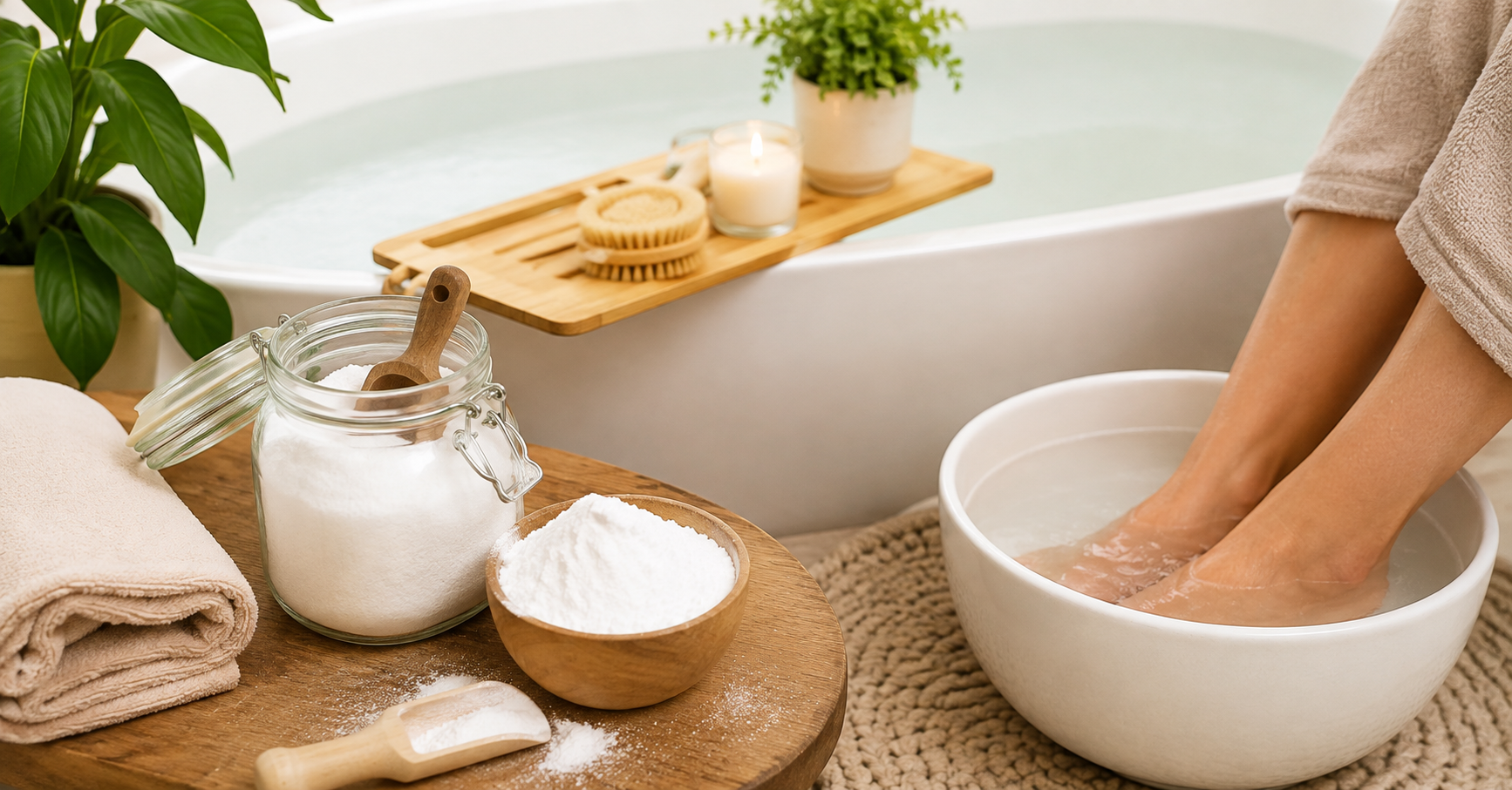 Natron für Basenbad neben einer Badewanne und Fußbad mit entspannter Wellness-Atmosphäre