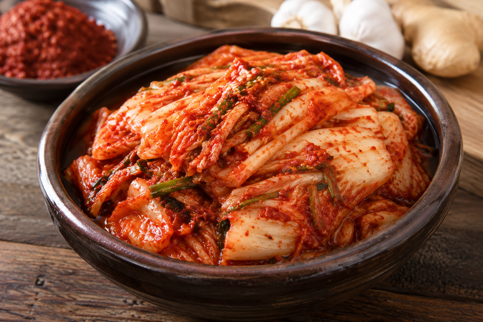Traditionelles Kimchi in einer Keramikschüssel – fermentierter Chinakohl mit Chili als probiotisches Lebensmittel für eine gesunde Darmflora.