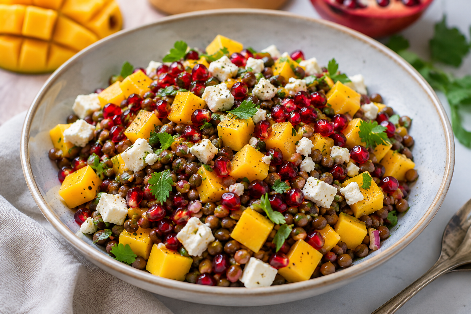 Linsensalat mit Feta, Mango und Granatapfel