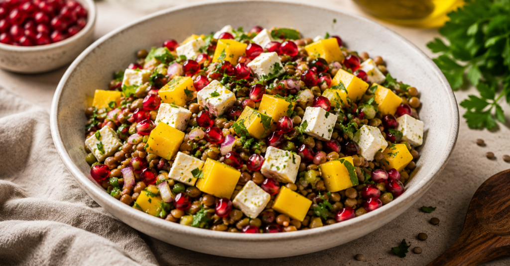 Frischer Linsensalat mit Feta, Mango, Granatapfelkernen und Petersilie in einer Schüssel angerichtet