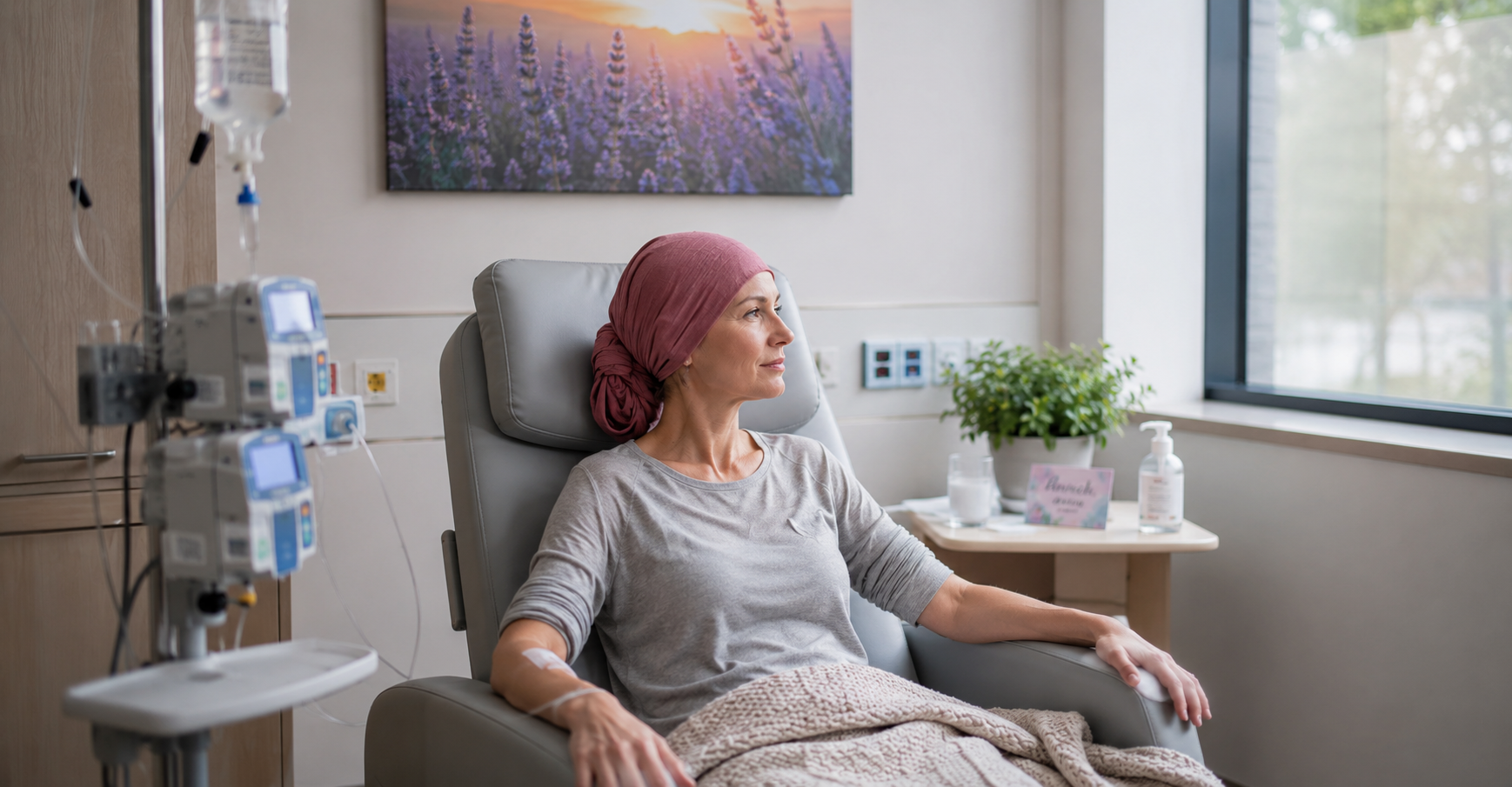 Frau erhält eine Chemotherapie im Behandlungszimmer einer Onkologie und sitzt entspannt im Infusionssessel während der Krebsbehandlung.
