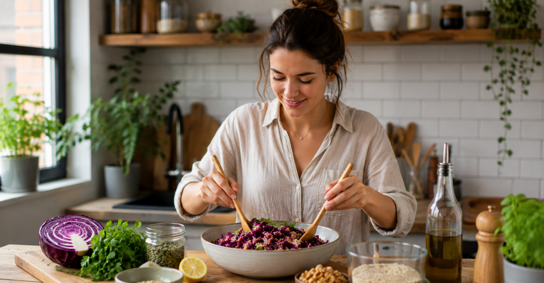 Frau bereitet einen frischen Rotkohl-Quinoa-Salat mit Rotkohl, Quinoa, Kräutern, Kürbiskernen und Walnüssen in einer hellen Küche zu.