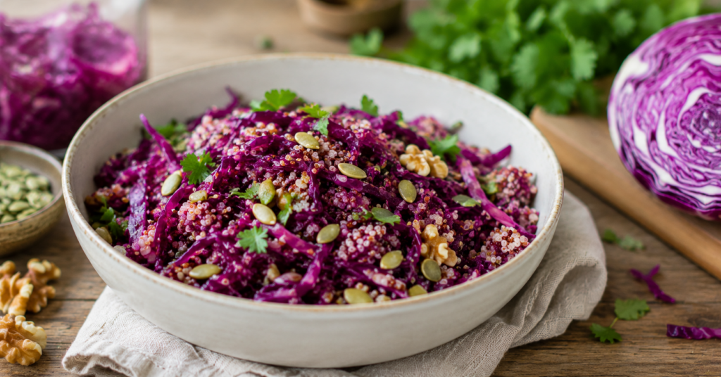 Frischer Rotkohl-Quinoa-Salat mit Kürbiskernen, Walnüssen und Kräutern in einer Schüssel auf einem Holztisch angerichtet.