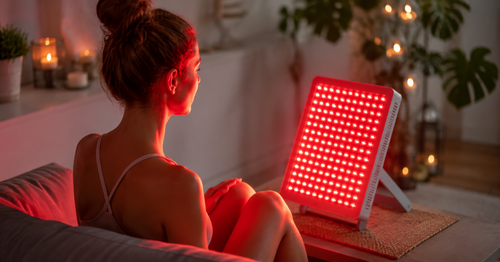 Frau nutzt eine Rotlichttherapie-Lampe zu Hause zur Unterstützung bei Entzündungen, Regeneration und Schmerzlinderung.