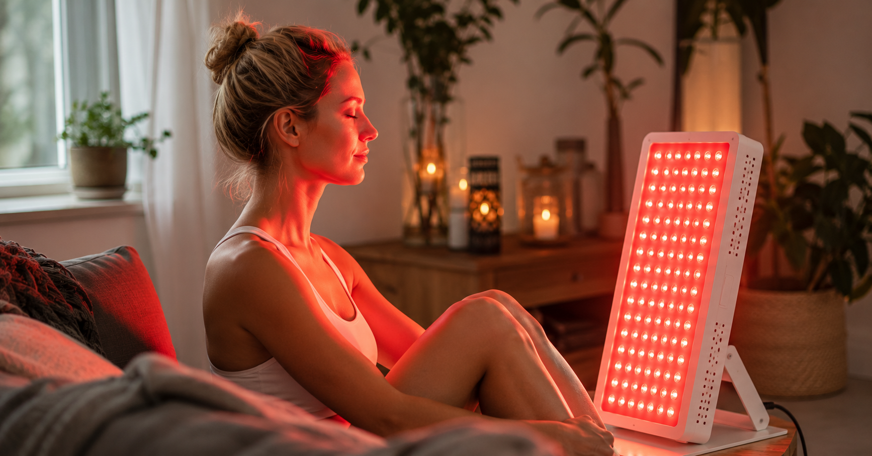 Frau entspannt vor einer Rotlichttherapie-Lampe in einem gemütlichen Wohnraum zur Unterstützung von Regeneration, Wundheilung und Entzündungshemmung.