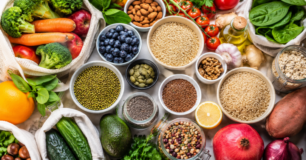 Gesunde Einkaufsliste mit Gemüse, Obst, Hülsenfrüchten, Vollkornprodukten, Nüssen und Samen