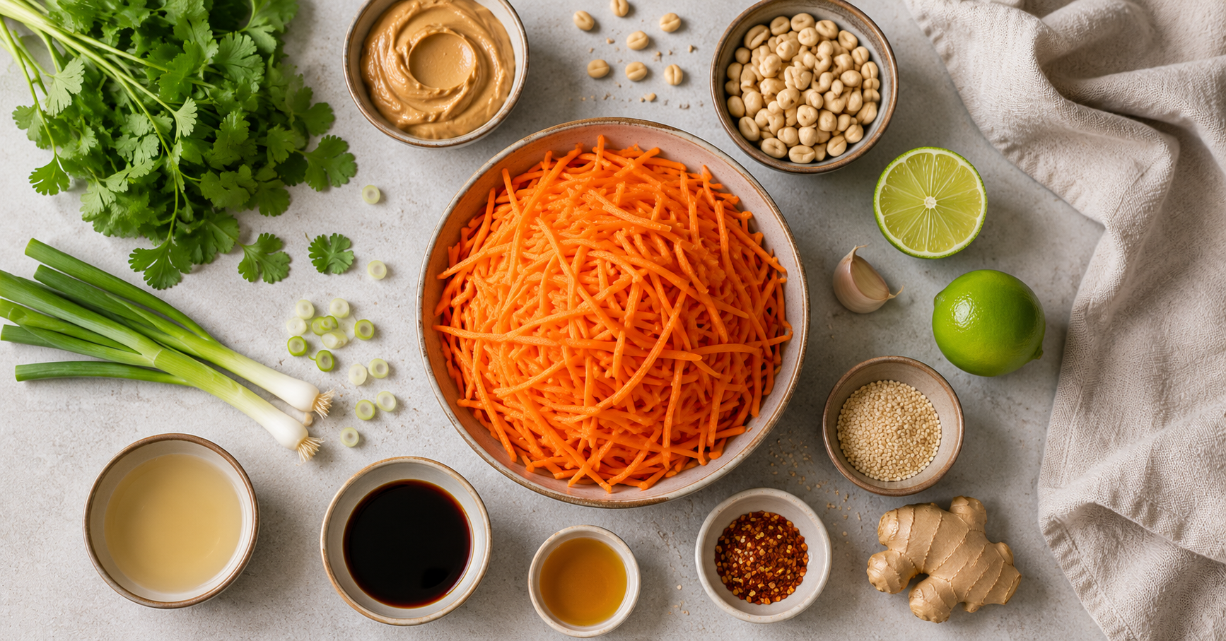 Zutaten für asiatischen Möhrensalat mit Möhren, Erdnussbutter, Limette, Erdnüssen, Koriander und Sesam