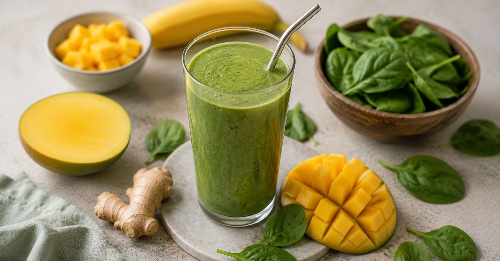 Grüner Smoothie mit Spinat und Mango