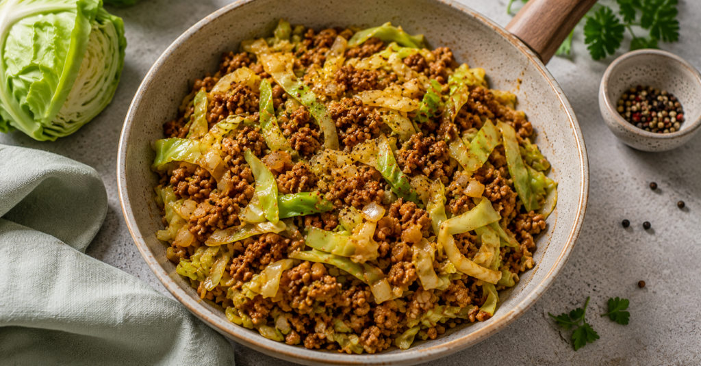 Spitzkohl-Pfanne mit veganem Hackfleisch in einer Pfanne – schnelles veganes Rezept mit Spitzkohl
