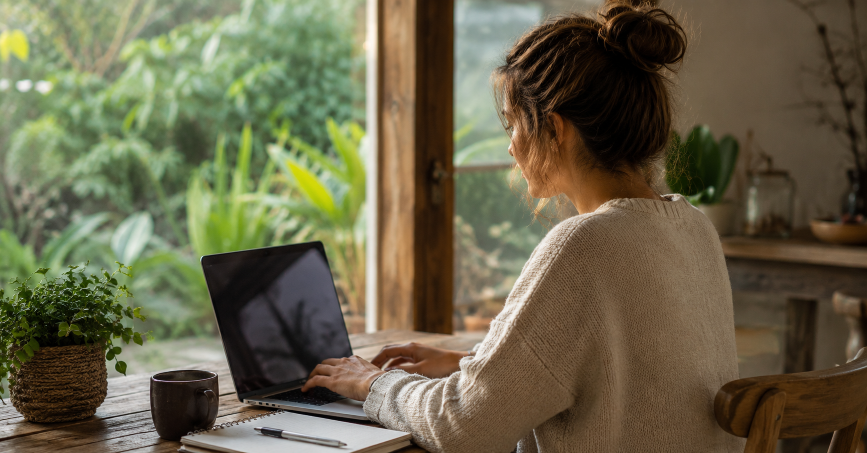 Junge Frau arbeitet an einem Laptop in einer ruhigen, natürlichen Umgebung mit Pflanzen und Tageslicht. Das Bild steht für ortsunabhängiges Arbeiten, mehr Freiheit und eine gesunde Work-Life-Balance.