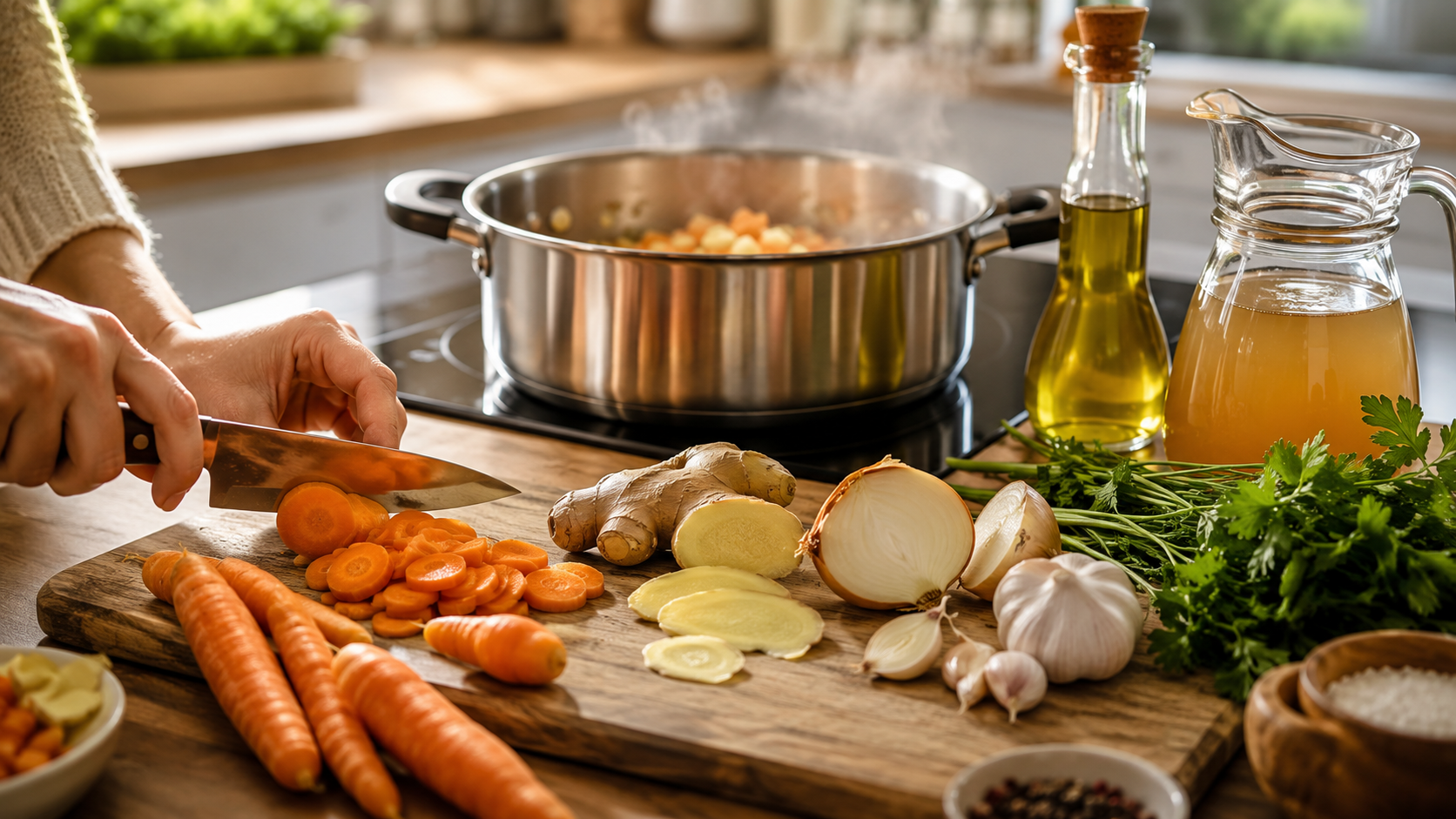 Frische Karotten, Ingwer, Zwiebeln, Knoblauch und Petersilie werden auf einem Holzbrett vorbereitet, während Gemüse in einem Edelstahltopf auf dem Herd angedünstet wird.