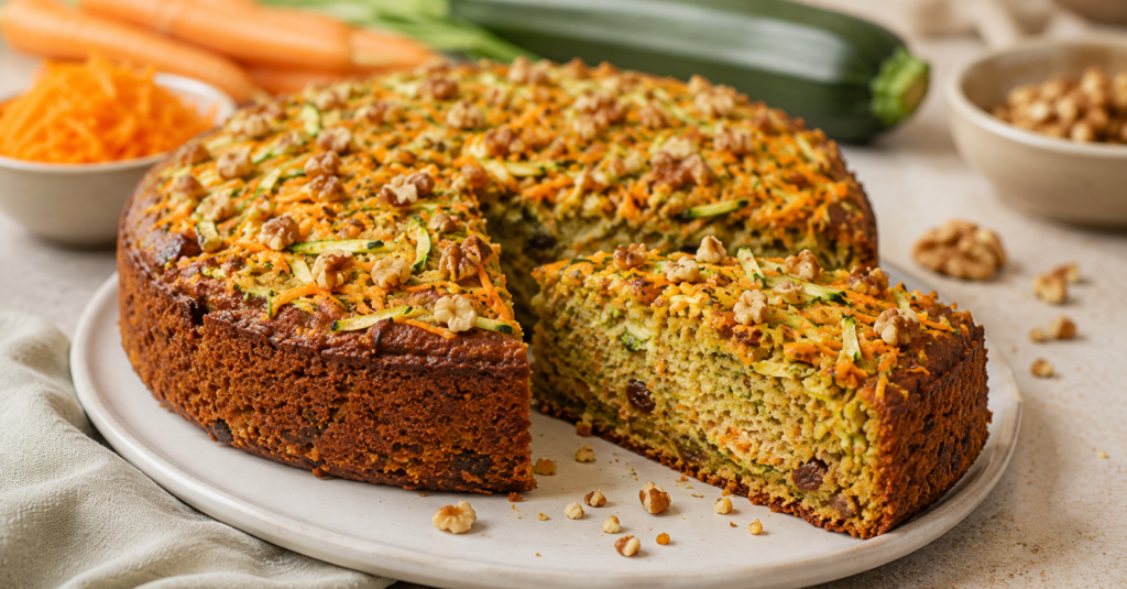 Karotten-Zucchini-Kuchen ohne Zucker mit geraspelten Karotten, Zucchini und Walnüssen auf einem Teller