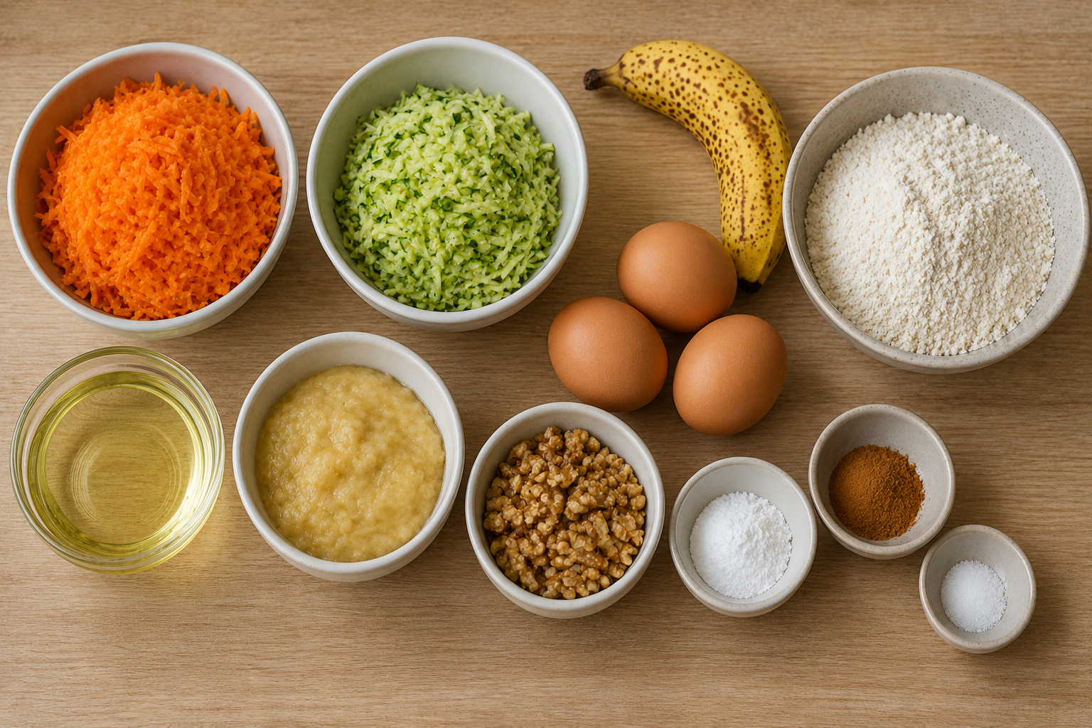 Zutaten für Karotten-Zucchini-Kuchen ohne Zucker mit Karotten, Zucchini, Banane, Eiern, Walnüssen und Mehl