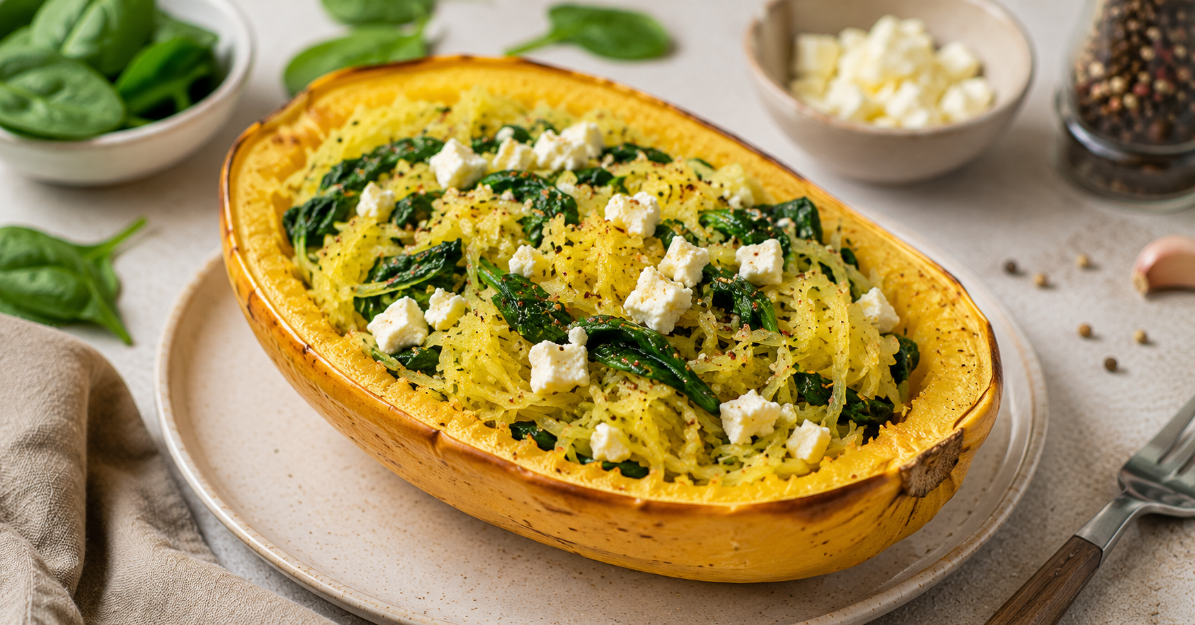 Spaghetti-Kürbis mit Spinat und Feta