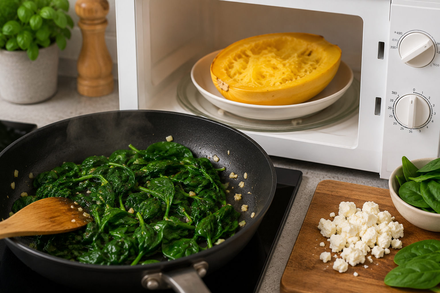 Spinat wird in der Pfanne angeschwitzt, während der Spaghetti-Kürbis in der Mikrowelle gart