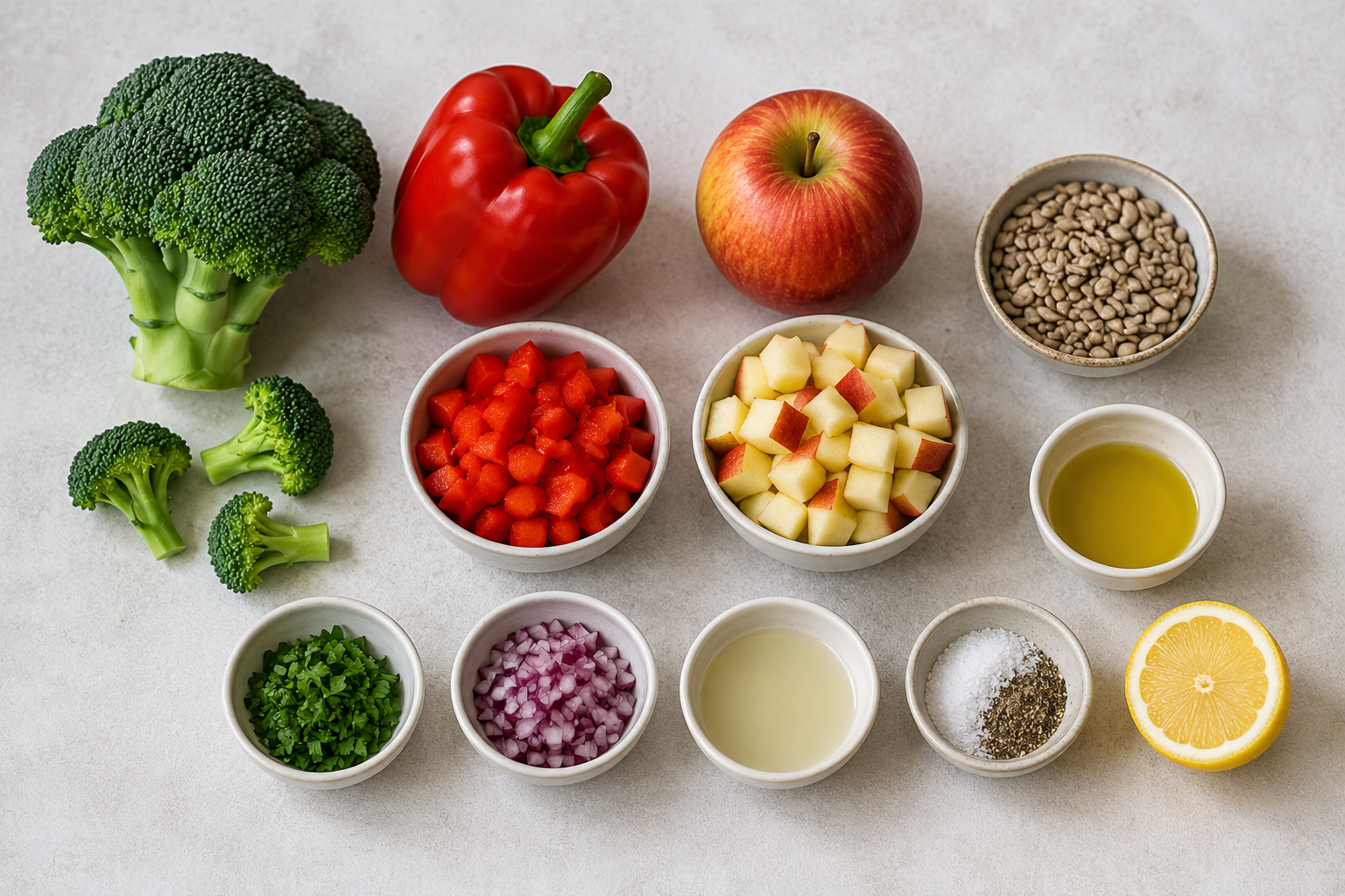 Zutaten für Brokkoli-Paprika-Apfel-Salat mit Brokkoli, Paprika, Apfel, Sonnenblumenkernen, Zwiebel und Zitronendressing