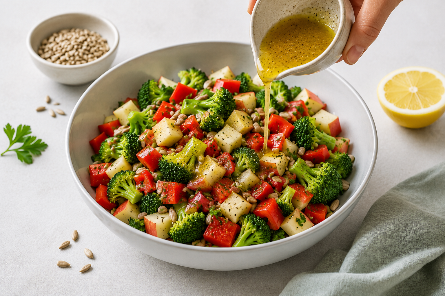 Dressing wird über einen Brokkoli-Paprika-Apfel-Salat mit Sonnenblumenkernen gegossen