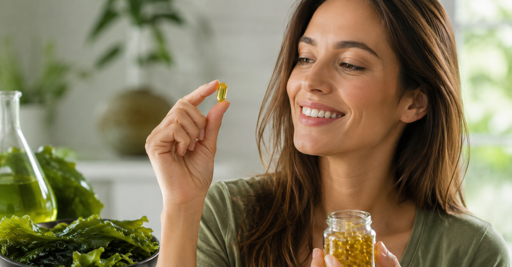 Lächelnde Frau hält Algenöl-Kapseln in der Hand – pflanzliche Omega-3-Quelle mit DHA und EPA für Gehirn, Herz und Augen.