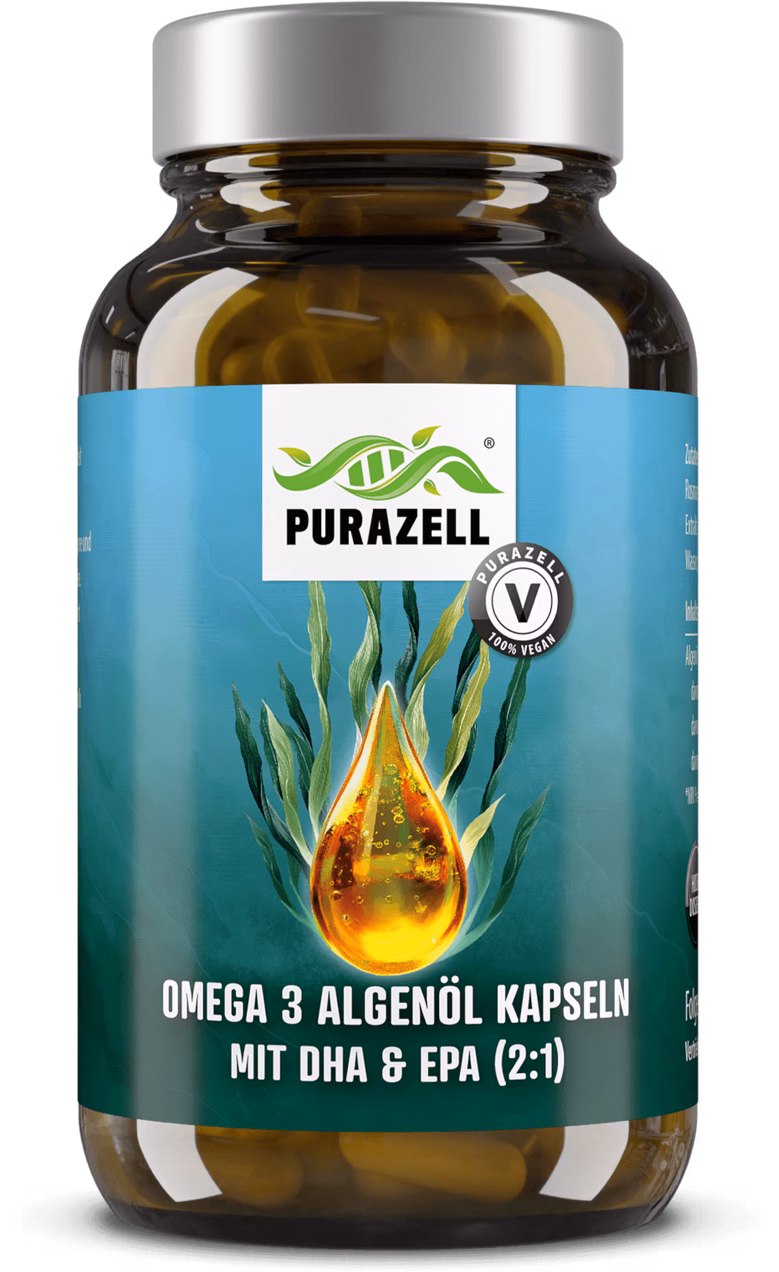 PURAZELL Omega-3 Algenöl Kapseln mit DHA und EPA – vegane Nahrungsergänzung aus Algenöl.