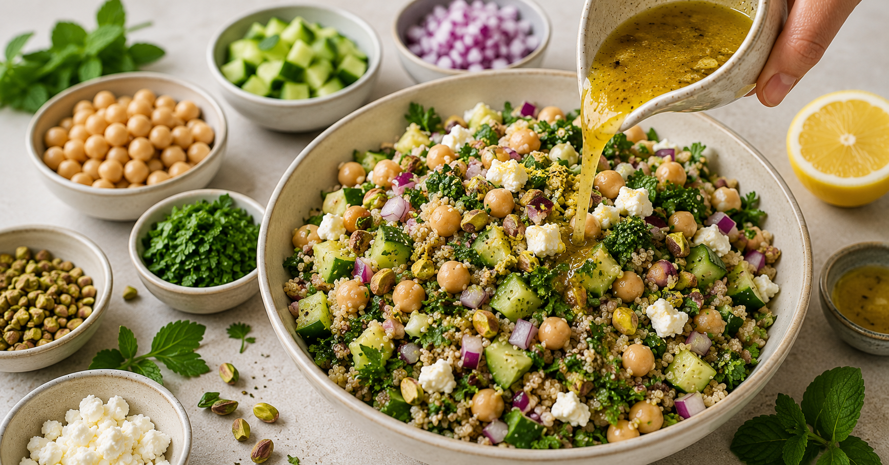 Zitronen-Dressing wird über einen Quinoa-Salat mit Kichererbsen, Gurke, Kräutern, Pistazien und veganem Feta gegossen