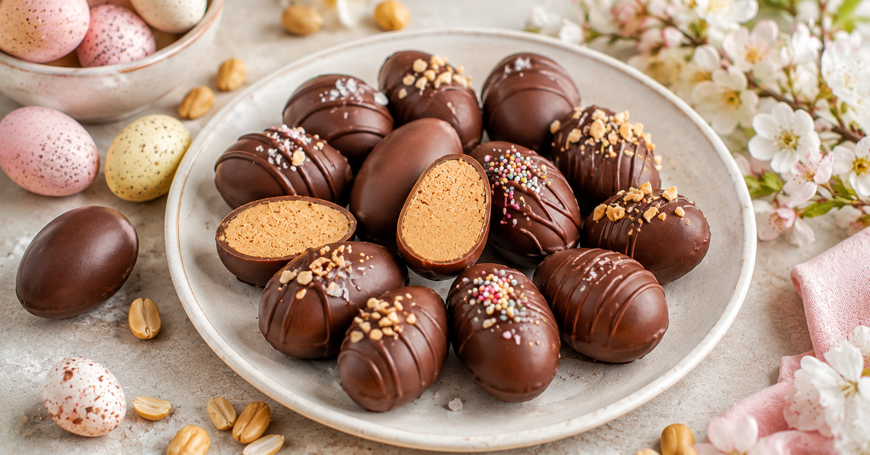 Dekorierte Peanut Butter Easter Eggs mit Schokoladenüberzug auf einem Teller, verziert mit Schokodrizzle, gehackten Erdnüssen und bunten Streuseln.