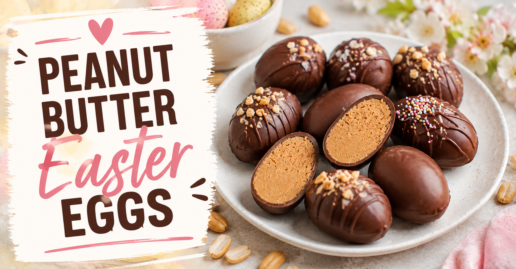 Pinterest-Pin mit selbstgemachten Peanut Butter Easter Eggs auf einem dekorierten Teller und dem Rezepttitel „Peanut Butter Easter Eggs“.